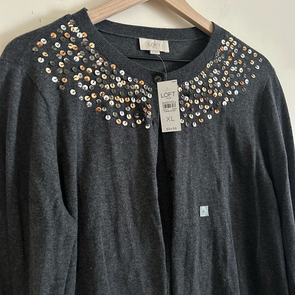Loft Women’s Sequin Button Cardigan Sweater Size XL Gray Holiday Lightweight NWT - Picture 2 of 7